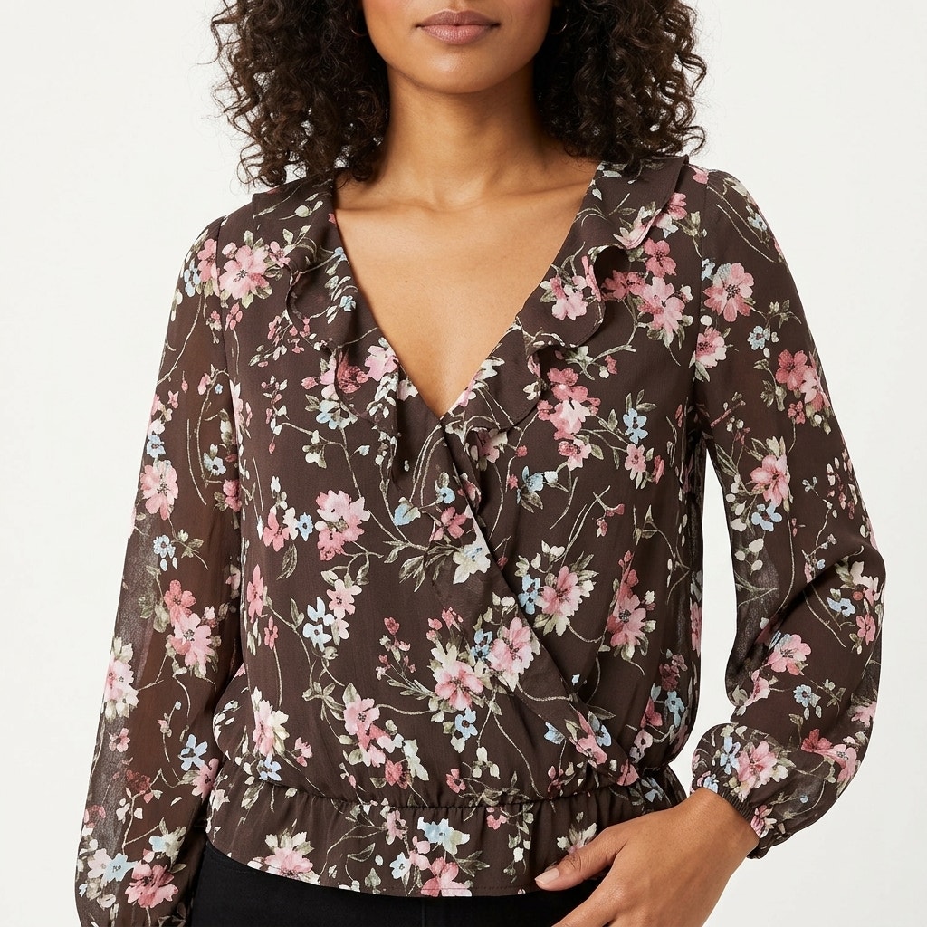 Ann Taylor Loft Brown Floral Chiffon Wrap Ruffle Blouse Women Size 8